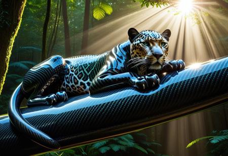 Highly detailed photographic image of a jaguar with incredibly intricate black carbon fiber "fur" resting on a large tree branch in the rainforest. The photorealistic natural forest surroundings an ironic contrast to details of the futuristic jaguar's woven carbon fiber coat against the natural photoreal tree texture; showcasing the jaguar's distinctive beauty and muscular build in the many intricate woven strands. The rainforest environment should be highly photorealistic, natural tree branch,  lush and vibrant, filled with a variety of realistic green foliage, exotic plants, and dappled sunlight filtering through the canopy above. Incorporate dramatic lighting to enhance the atmosphere, creating a sense of depth and intrigue. Include subtle elements such as mist or gentle rain to add to the mood, while ensuring the surreal carbon fiber jaguar remains the focal point of the composition. (Highly cinematic scene with natural surroundings; highly focused detail on the subject; beams of sunlight reflecting on the animal's unique carbon fiber fur; masterpiece scene; dramatic composition, 4k resolution, finely detailed texture)