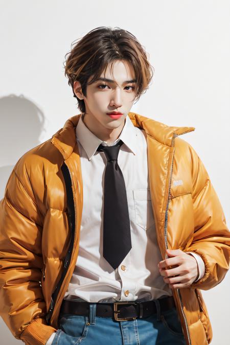 ((1man)), male, male focus, wooseok, solo, short hair, blonde hair, holding, white shirt, male focus, cowboy shot, black background, pocket, yellow jacket, (red, orange, brown, and white tie dye patterned pants), photo background, <lora:JungWooseok:0.9>, broad shoulders, tall male, tall, Korean, Extreme Details, Photo realistic, hyper detail, hyper realistic, Portrait, Long shot, portrait photo, hyper realistic