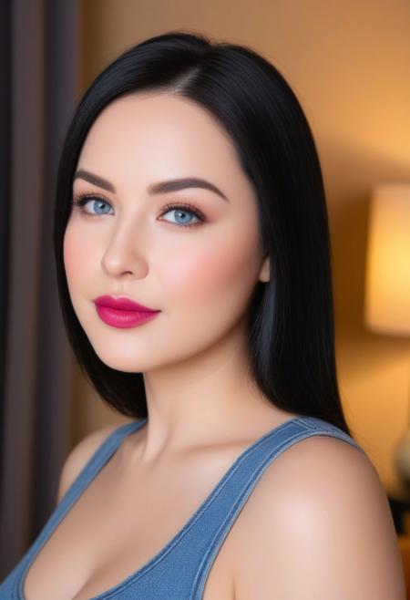 Plump female standing in cozy bedroom. She has black hair and blue-grey eyes and raspberry lips and raspberry nail polis. She is wearing a dark sleeveless top with jeans. Corners of her mouth are slightly raised creating a faint smile.
The woman has oval-shaped face featuring soft, rounded contours and a gently curved jawline and round cheeks. She has black straight hair with a natural part slightly off-center. Her eyes are almond-shaped, medium-sized, and grey-blue in color, with a slight upward tilt at the outer corners, giving a subtle, lifted appearance. Her eyebrows are naturally shaped with a gentle arch, complementing her eye shape. She has a straight nose with a smooth bridge and a rounded tip that is proportionate to her face. Her lips are full, with a well-defined cupid's bow, Her skin is fair and smooth with an even complexion. The expression on her face is calm and neutral, with a slight pursing of the lips, suggesting a relaxed, informal setting