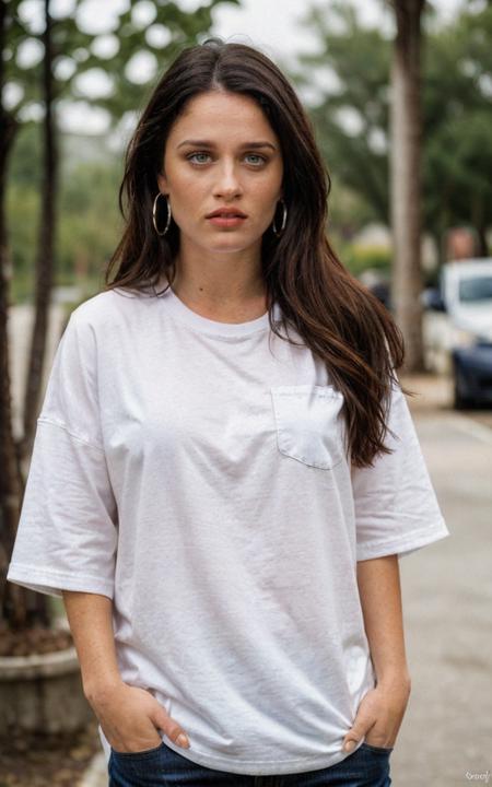 rob,<lora:Robin_Tunney:0.8>, score_9, score_8_up, score_7_up, 21yo girl, (white oversized tshirt, denim jeans, hands in pocket:1.2), brunette, very very beautiful face, detailed face, puffy lips, perfect lips, perfect nose, slight makeup, pony, detailed blue eyes, pale skin, medium breast, sunny, day, shadows, beautiful background, higly detailed, 4k, ultrahd