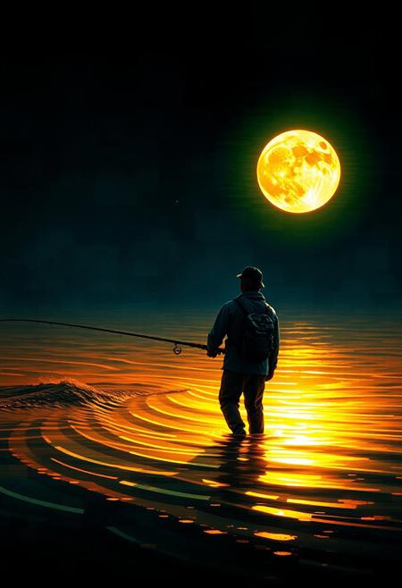 A fisherman reels in a glowing moon, its reflection rippling into golden waves across the night sky., emotional abstraction, color field painting, digital surrealism, glitch textures, soft-edged rectangles, luminous distortion, cyberpunk decay, fragmented reality, moody color palette, contemplative chaos, expressive minimalism, neon interference, painterly texture, existential atmosphere, layered noise, visual static, dreamlike breakdown, spiritual ambiguity, immersive digital decay, ambient dissonance