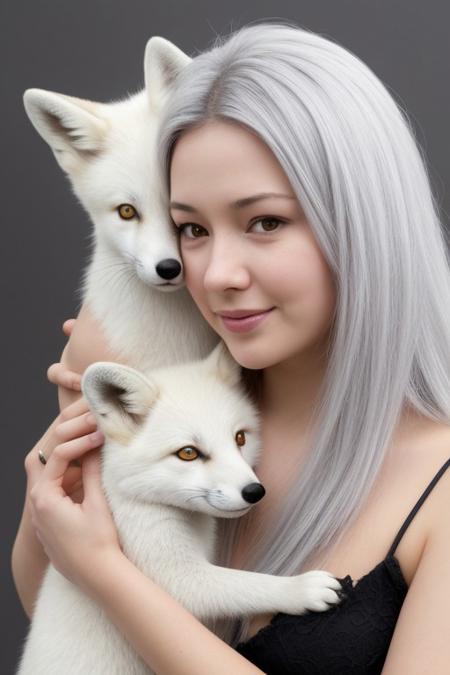 score_9, score_8_up, score_7_up, score_7, score_6_up, score_5_up, 1 woman, grey background, close up, Ahri, league of legends, hugging a white fox,