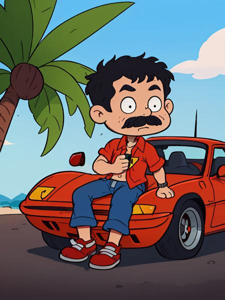 <lora:Rugrats+AGU-22:0.51> 
1boy, solo, a man with a black moustache, short curly black hair, taned skin, hairy chest, a red Ferrari 308 GTS in the background, in Hawa, tropical island, Magnum P.I.