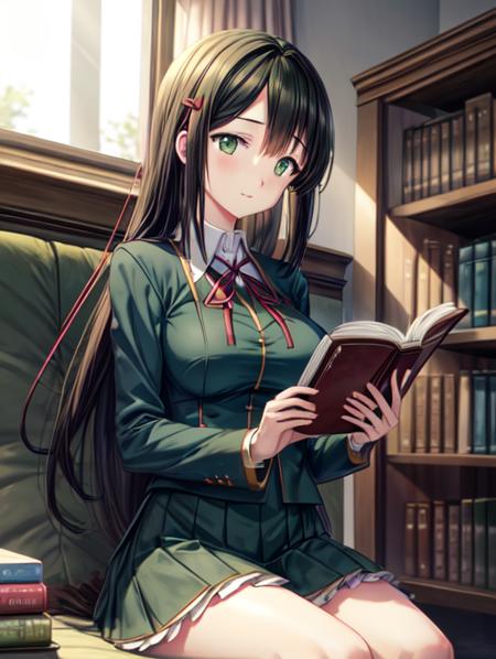 best quality, masterpiece, highres, detailed, perfect anatomy,  <lora:Detail - add_detail:0.2>, black hair, green eyes, medium breasts, student uniform, green clothes, red bow, happy, layered skirt, reading a book, modern library, sunset lighting, indoors, looking at book, sitting,  <lora:Character - SatsukiV12:0.8>