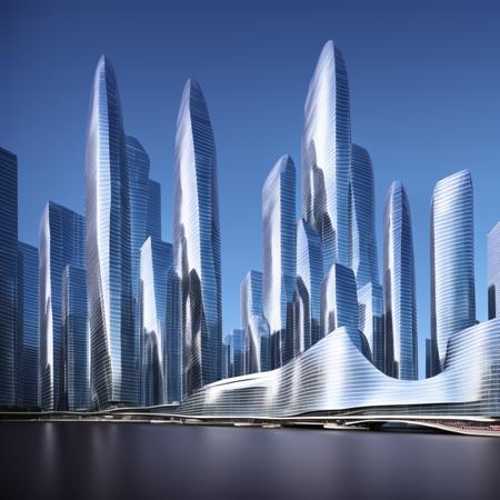 a group of tall buildings in a city with a river in front of them and a boat in the water, Cui Bai, futuristic, a digital rendering, hypermodernism by zaha-hadid style