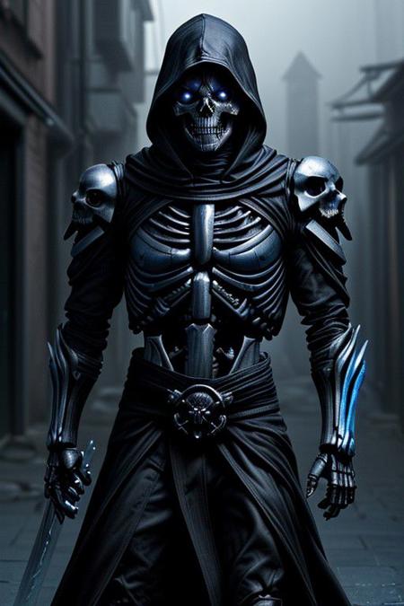 (masterpiece:1.2), best quality, high resolution, perfect lighting, extremely detailed, (Terminator assasin),  battle scared white and black carbon armor,  Wearing a dark cloak with hood, skull face just visable under hood, (very dim light blue eyes, eyes very dim blue glow), (full_armor fitted like a skeleton ribs design), humanoid, Metal Human skull head, (extreme detailed micro mechcanical scary Metal human skull design). Samurai sword shinning silver, Runes decorative embossments over his cloak, slim muscular body fast agile and stealthy, background a dark back street with subtle lighting and shadows, facing viewer, solo,