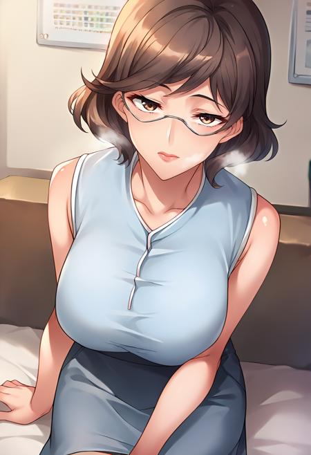 ct_4nna, short hair, brown eyes, semi-rimless eyewear, huge breasts, light blue sleeveless shirt, blue pencil skirt,