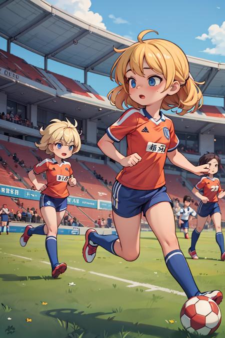 masterpiece,best quality,dramatic, 2girls, running, soccer team uniform, sports uniform, blonde hair, soccer field, crowd, <lyco:GoodHands-beta2:1.0> <lora:more_details:0.3>,