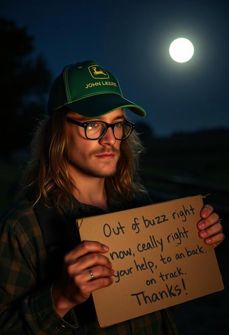 a vagabond farmer, intoxicated, drunk. glasses john lennon style, long hairs, tattoo. green "john deere" trucker cap. holding a cardboard with written "Out of buzz right now—could really use your help to get back on track. Thanks!" dark halley light only from the full moon in bk