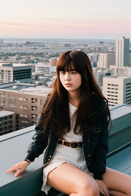 anime style,1girl with big 80's hair and bangs, grain , film grain , fine heavy grain  sit on a rooftop , film grain:1