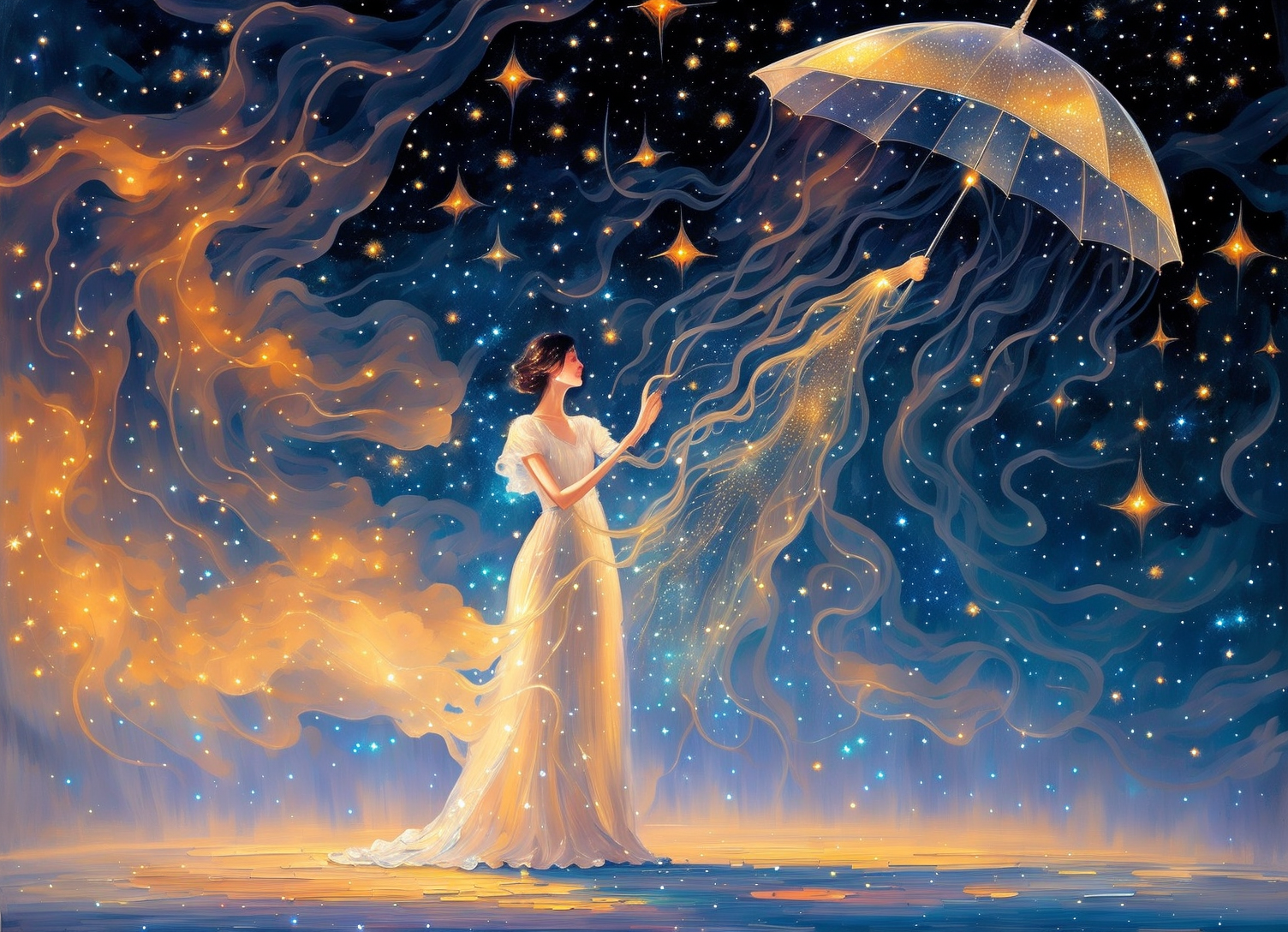 oil painting space art of a closeup woman in the night sky in a white and (golden:0.9) dress and (holding) a large transpa...