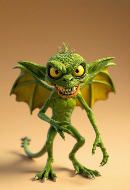 Clay Animation - a pixar style 3d animated green character called a jabberwock, angry, fierce, scary, big yellow eyes, wings, scales. long ears. long sharp teeth. at least ten feet tall with a simian like build, almost like a lemur. dancing, Its limbs are long and elongated and slender, 3 long fingers and claws. with a pointed end long tail ending, standing on two toes with a dewclaw/thumb. looking at camera over a simple background