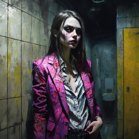 VtmArt, painting close up of a (vampire:0.4) girl in colorful blazer standing in a dirty grungy old public bathroom with fluorescent lighting, <lora:VtmArt:1>, (masterpiece:1.3), at night, cinematic lighting, intricately detailed, high quality, dramatic atmosphere