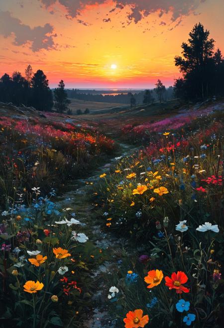 Autumn sunset over wildflower meadow, straight on view, bright colors, rpg game art, landscape by Ivan Shishkin, art by Nicola Samori