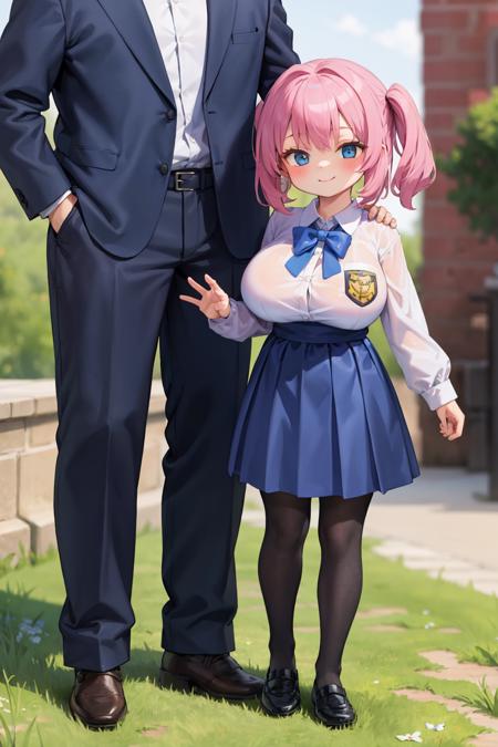 <lora:opll-sizediff3:0.8>  , masterpiece, (age difference, size difference, faceless man standing behind), 1girl, full body, huge breasts, uniform, pantyhose, smile, father and daughter