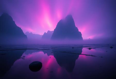 highly detailed and hyper realistic photo, by Alena Aenami , by Archibald Thorburn , by Daniele Afferni , a breathtaking otherworldly landscape with psychedelic colors , in the style of  monochromatic silhouette reflection,  limited dark palette, unusual dark colors, faded colors, atmospheric haze, highly dramatic cinematic lighting, motion blur, film grain,  professional, excellent composition, finest details, maximized details, ultimate detail level, masterpiece, best quality