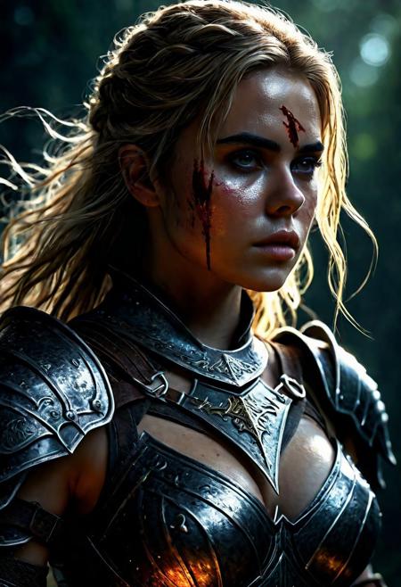 Ultra detailed digital art masterpiece Warrior girl dressed in a iron Armor, Standing on a battlefield at the head of an army of knights, where a bloody slaughter is taking place, standing in battle pose, a dark epic fantasy, perfect lighting, beautiful Kiernan Shipka as Warrior girl, attractive woman, elegant, sinewy athletic body, unreal engine 5 nanite quality, mixed with dark elements, dark environment, very stormy day, clean dark velour witch clothing, LOTR style, dark washed out eyeliner, no make up, natural bloody face, realistic brown eyes, ultra detailed atmospheric details, beautiful glowing effects, sparkle effects, realistic body proportions, beautiful face proportions, complex masterpiece, wavy blonde hair, creative glowing detailed tattoos, complex physics, enhanced colors, complimentary colors, ultra detailed raytracing reflections, Ultra detailed complex background, environment feels alive, direct eye contact, dramatic lighting, wet and sweaty skin, beautiful firm Breasts, Daylight, Concept art portrait by Greg Rutkowski, adding to the intense and dynamic atmosphere of the scene.