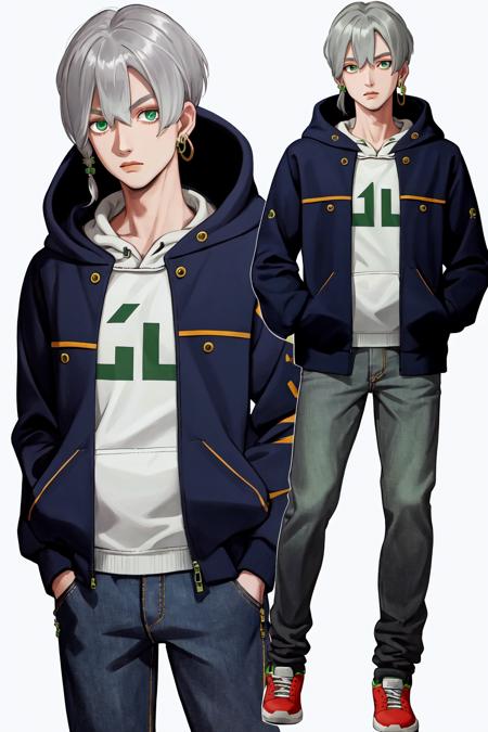 masterpiece, best quality, highres, 1boy grey hair green eyes earrings <lora:jodio_no_outfit:1> hoodie, standing, denim pants, hands in pockets, simple background