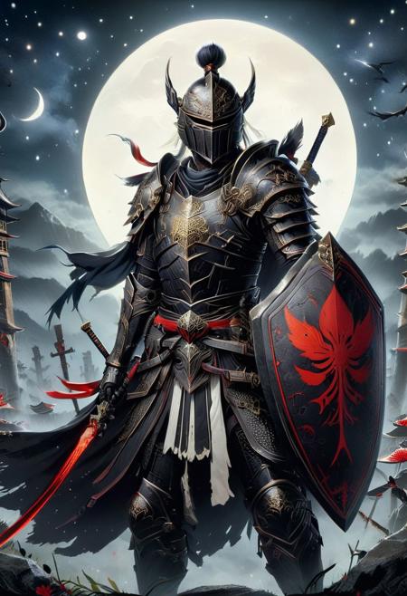 (best quality), (UHQ, high resolution), carcosa city,create warrior, weapon, armor, japanese armor, helmet, samurai, shoulder armor, moon, sheath, horns, gauntlets, sheathed, mask, standing, kusazuri, kabuto (helmet), pauldrons, full moon, full armor, fake horns, masterpiece, best quality, aesthetic, chinese ink painting,
Sword and shield