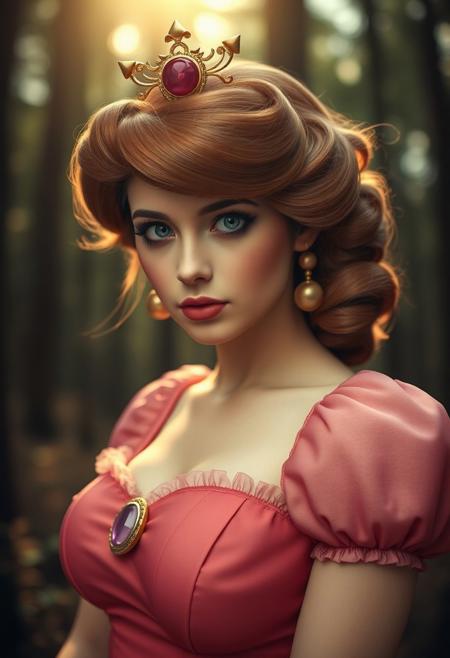 realistic lighting, photo, photorealistic very aesthetic, detailed face and eyes, forest, petite saggy breasts, blush, (sexy and curvy princess peach from mario bros, old 1900's photography)