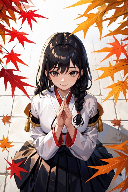 (masterpiece:1.2), 1milf, solo, smile, black hair, braid, white hanbok, korean_clothes, wide-fitting skirt, maple tree, fallen leaves <lora:Hanbok_LoRA_V2:0.6>, (diagonal viwe, Top View:1.3), standing, sit, upper body