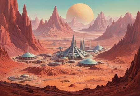 A pastel painting from the 1950's, in the style of retro-futuristic science fiction, capturing, a fantastical city on Mars, hidden among the crimson high peaks, where majestic biodomes shelter lush savannas and far-off lakes glisten.