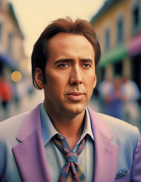 NicolasCage,<lora:NicolasCageSDXL:1>, portrait,close up of a Enchanting plump Preppy Man, ð, Walking down a street, his hair is Rainbow, Spring, soft focus, stylized by Lady Gaga, (Paolo Veronese:0.8) , dreamy magical atmosphere, hyperdetailed