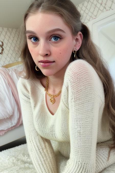 a stunning young woman in her bedroom, in a stunning knitted white sweater, gold necklace, earings, what a perfect day, perfect face, [stunning eyes], close up, raw, 8k uhd, <lora:hannaHalleysem:1>