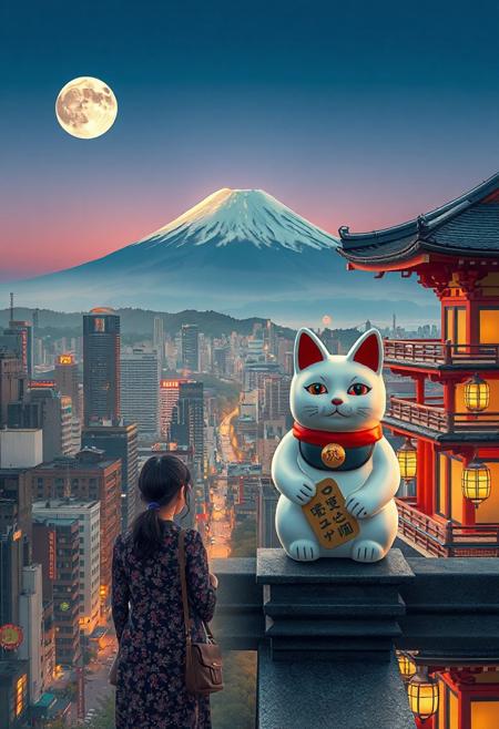 japanese city beautiful  landscape, noon, woman, very intricate, very detailed, sharp, bright, colorful,  mt fuji, tokyo, maneki neko watching from the roof of a building,