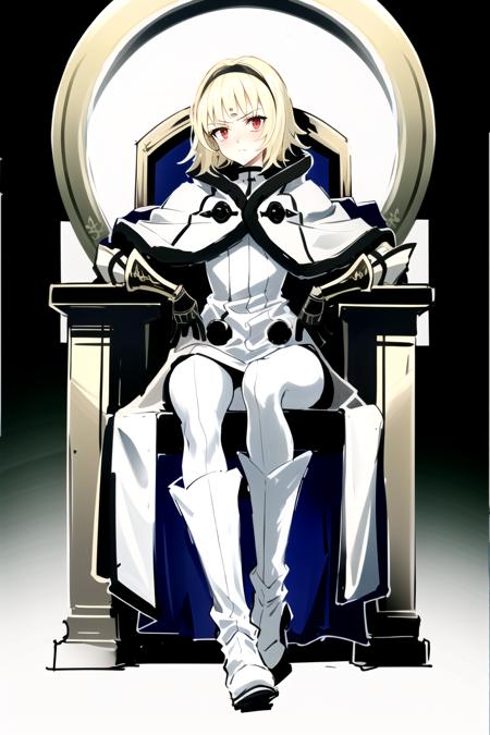 illustration, sketch, (absurdres), (detailed face:1.2), oneDOD3, 1girl, solo, capelet, white capelet, blunt bangs, gauntlets, white boots, white thighhighs, black pantyhose, sitting, throne, cathedral, focused, angry, full body, looking at viewer <lora:oneDOD3v2:1>