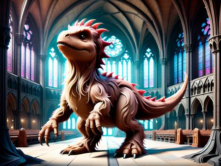 a cartoon dinosaur in a gothic cathedral made of w00kiee    <lora:Wookiee_Hair:1>  <lora:add-detail-xl:1>