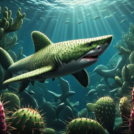 Shark deep under water  <lora:Prickly Pear Style v1:1>, Prickly Pear Style,