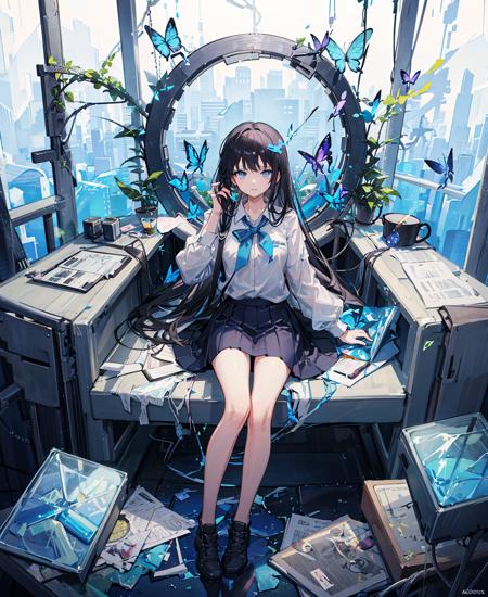 1girl, broken glass,(broken screen),atlantis,transparent glass,black_hair, solo, long_hair, skirt, blue_eyes, sitting, very_long_hair, butterfly, looking_at_viewer, black_skirt, blue_butterfly, white_shirt, long_sleeves