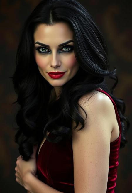 A striking, 40-year-old Caucasian woman, her pale skin contrasting with dark, sultry eyes. Her long, raven-black hair cascades in loose waves, framing a face adorned with gothic-inspired makeup: dark, smoky eyes and a deep, blood-red lip. She's dressed in a form-fitting, velvet gown, its deep crimson hue echoing the intensity of her gaze. Her posture is languid, exuding an air of both vulnerability and power. A knowing smirk plays on her lips, hinting at secrets and desires.