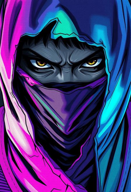 A close-up nistyle, monochrome manga sketch, A Closeup Portrait of an DARK mysteriously cloaked ninja, extreme Closeup of His Face - shrouded in mystery. He wears a, tattered high collar coat in a mesmerizing blend of vibrant colors, including neon pink, blue, green, and purple, which create an otherworldly, glowing effect. The fabric seems to blend seamlessly with the natural environment, as if it's a part of the sky. Hyperdetailed badass Closeup, hyperdetailed, deadly Gaze, mouth obscured by the coats high collar,