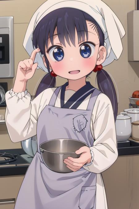 1girl, jcooya, smile, open mouth, 
hair ornament, hair bobbles, 
twintails, low twintails, 
kappougi, long sleeves, white apron, white headwear, 
indoors, kitchen, curry
<lora:OoyasanHaJC_Chie-v10:0.9>