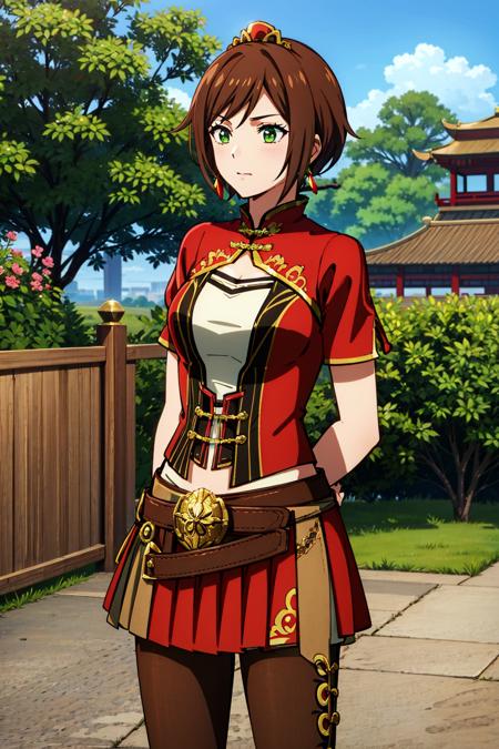 (8k, best quality, masterpiece:1.2), (finely detailed),((upper body)),sunshangxiang,1girl,solo, brown hair, green eyes, short hair, swept bangs, chinese clothes, (red jacket), white shirt, ((red skirt:1.1)),red knee boots,white short shorts,shorts under skirt, belt,red mini crown,red wrist cuffs,brown pantyhose,(ancient china), outdoors,arms behind back,road, grass, building