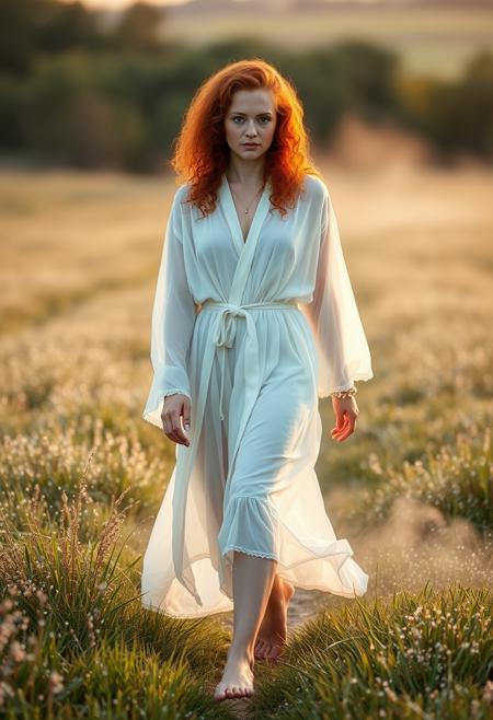 a beautiful freckled green-eyed redhead irish woman with curly hair. She is dressed in a flowing white translucent robe, walking through a field of dew covered grass in dawn's light. Mist flows around her barefooted feet.