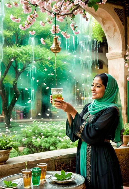 In a souk bazaar, a Moroccan hijabi mom wearing abaya, pouring Atay into translucent cups, cherry blossoms shaped like mint leaves floating midair, magical green lighting; soft painterly textures and Ghibli-like dreamy atmosphere with high visual charm, Atai, studio ghibli