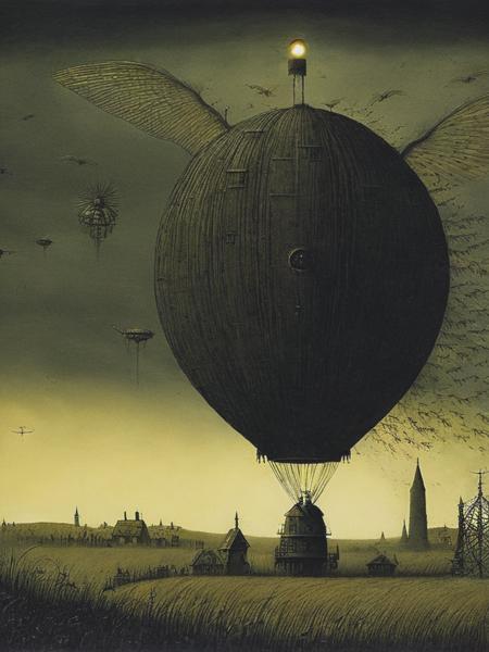 <lyco:JohnKennMortensen:1.0> steampunk zepplin scary creepy dark surreal illustration donken grimdark dark ominous John Kenn Mortensen