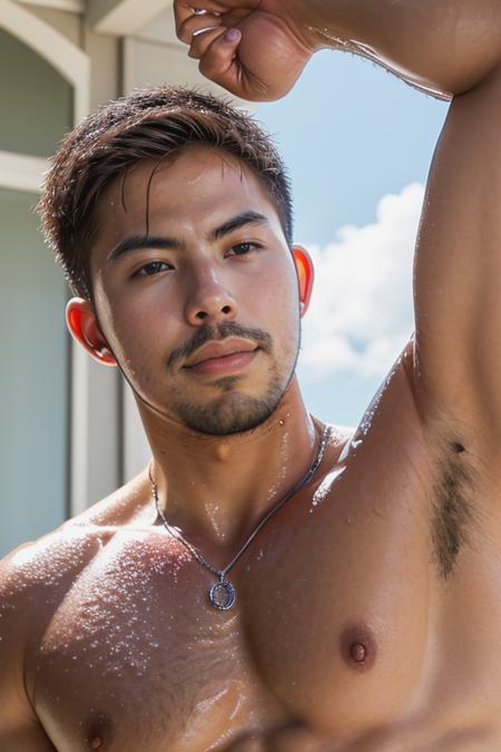 portrait of man, mature, barechest, man, wet, biceps. high quality, dynamic angle, masterpiece, chest , oily <lora:tony_labrusca_v11:2>, light behind the camera, tony labrusca,
