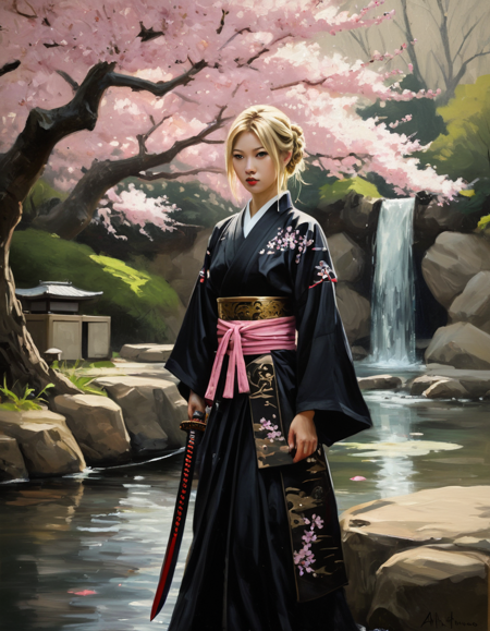 breathtaking alla prima oil painting, (Model A:1.1)((Himiko Toga:1.1))(**appearance**)(dark tan skin tone:1.1)(pink makeup:1.1)(ornate braided blonde hair:1.1)(traditional Samurai swords:1.1)(**attire**)(Black Japanese Dress with ornate gold Oriental design:1.1)(**Location**)(beautiful Japanese garden with cherry blossoms in the air and a tranquil stream with a waterfall:1.1)(**effect**)(closeup:1.3)(god rays:1.1)(moon light shadows:1.1), (The Ghost of Nevermore art style:1.3), close up, (alla prima style:1.3), oil on linen, painterly oil on canvas, (painterly style:1.3), exquisite composition and lighting, modern painterly masterpiece, by alexi zaitsev, award-winning painterly alla prima oil painting
