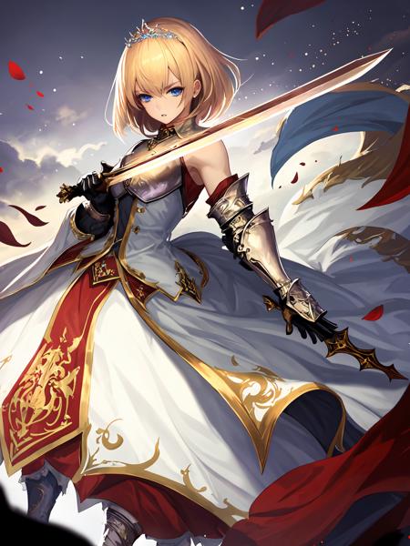 masterpiece,best quality,highres,cinematic lighting,dramatic angle,<lora:ShadowverseAureliaV2:0.8> ,blonde hair,hairband,breastplate,crown,armored boots,gauntlets,petals,white  dress,looking at viewer,serious,blue eyes,parted lips,holding sword,slashing,glowing weapon,cowboy shot,cape,bare shoulders