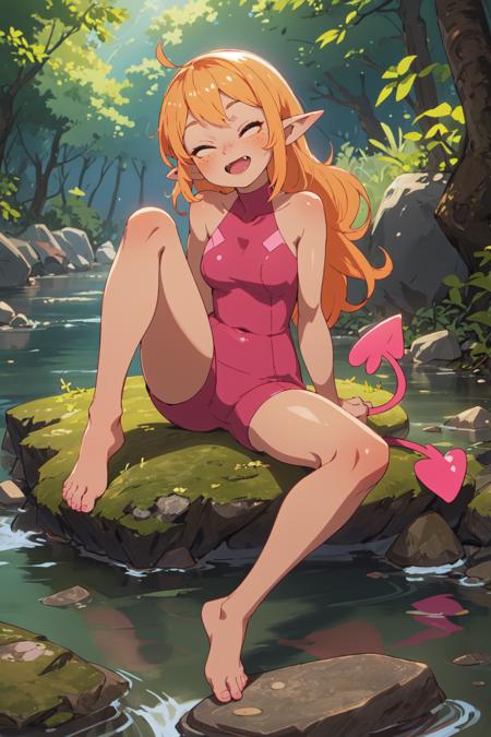 1girl, medium wavy blonde-orange gradient hair, pink skin, gold eyes, pink demon tail, (cute fang:0.9), (body freckles:0.8), pointy ears, superb, looking up, eyes closed, relaxed, leaning back, arm support, sitting on a rock beside a stream, barefoot, shoes removed, nature, outdoors