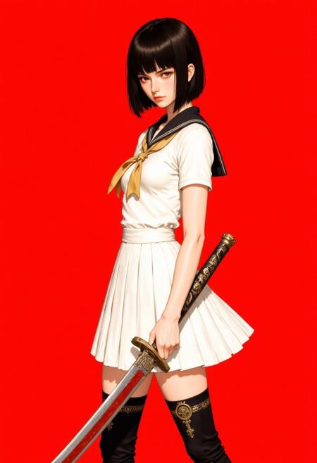 animeill a fierce young woman with fair skin, a petite yet athletic frame, and sleek black bob-cut hair with blunt bangs. Her intense gaze radiates determination. She wears a white sailor-style top with a black collar and a pleated white skirt. Her thigh-high black stockings are decorated with ornate gold and silver patterns resembling gears and cogs. She stands in a powerful pose, one leg grounded, the other slightly bent, gripping a crimson-bladed katana edged in silver. The hilt is detailed in black and gold engravings. The background is vivid red, heightening the dramatic tension and contrast. Bright, high-contrast background.