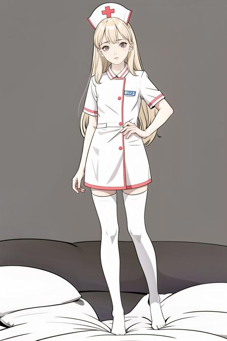 long_hair,red_eyes,blonde_hair,staring,((slim legs)),(white_thighhighs),(no shoes),sleeves,flat_chest,nurse cap,((nurse)),flat color,petite,solo,staring,full body,on bed,staring,nurse,,