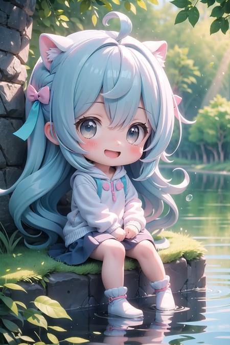 (masterpiece), nature, sunlight, dappled sunlight, light particles, lake, 1girl, chibi, blush, open mouth, smile, long hair, hair ribbon