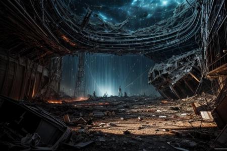 A spaceship flies through space, arriving at the scene of a finished battle, surrounded by the wreckage of destroyed spacecraft, view from below, suspenseful atmosphere, ultra realistic, hyper detailed, sci-fy, cinematic lighting, highlights, gritty atmosphere, RAW, (realistic photo, best quality, detailed), (8k wallpaper), (cinematic lighting, dramatic lighting), (sharp focus, intricate), zzspczz