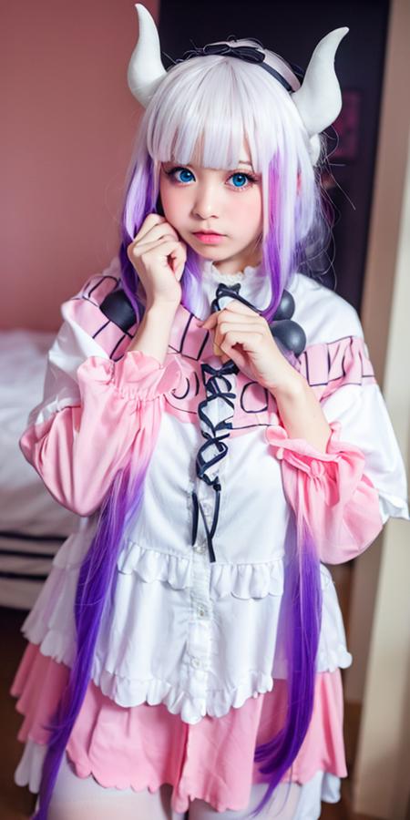 masterpiece, best quality,(8k, RAW photo, best quality, masterpiece:1.39), (realistic, photo-realistic:1.2), Kanna_Kamui, pink and white dress, white hair, gradient hair, bedroom background
<lora:Kanna_Kamui_Kobayashis_Dragon_Maid-13:0.75>