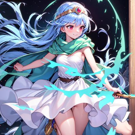 best quality,Amazing,finely detail,extremely detailed CG unity 8k wallpaper1girl, <lora:sage dq3 03:0.8>,sage dq3,standing,white dress, blue hair,wood  wand, green cloak,smile,short dress, medium breasts, red jewelry,full body,, best quality,ultra-detailed,unity 8k wallpaper,game cg,